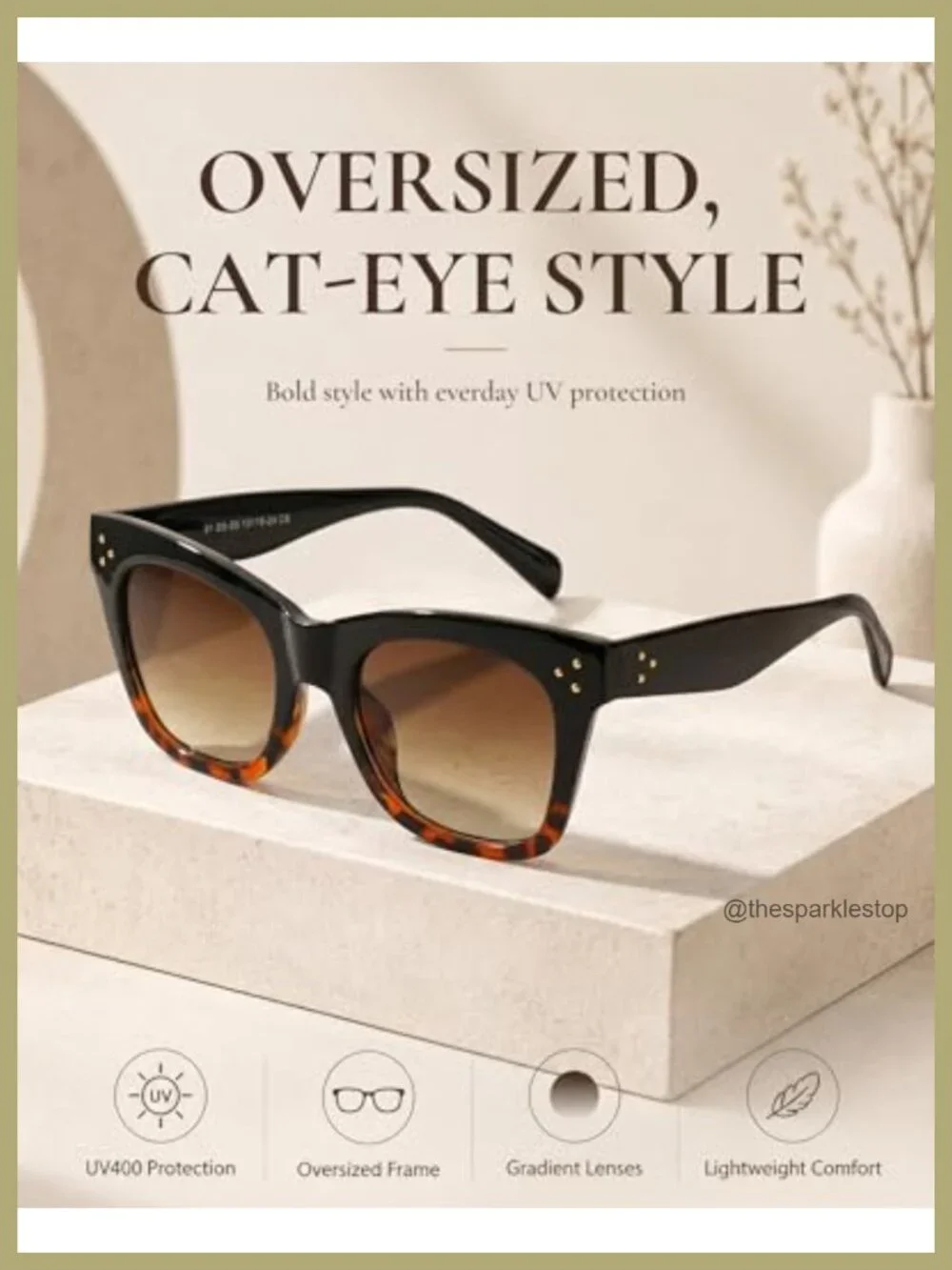 2 Pack Oversized Cat Eye Sunglasses Women Retro Metal Rivets UV400 Gradient